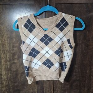Argyle Patterned Tan Sleeveless Sweater Vest
